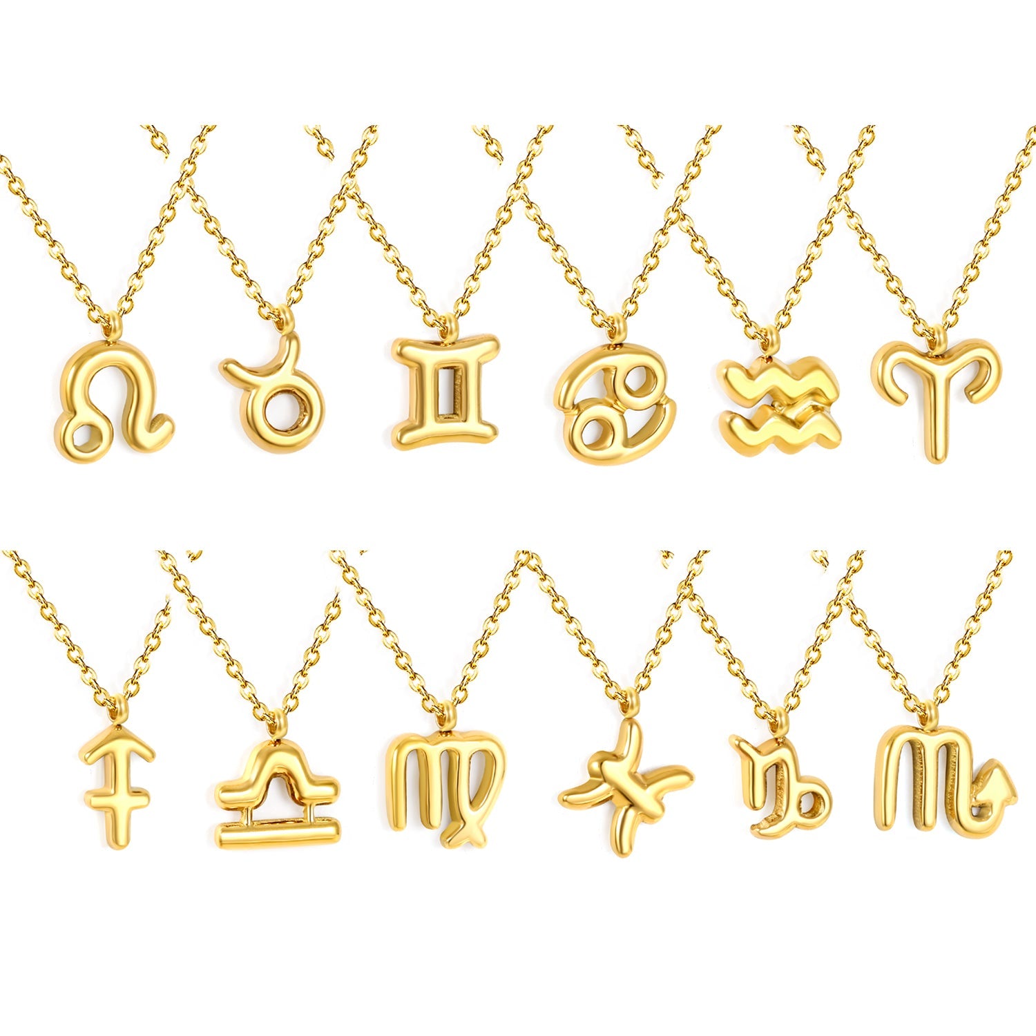 Aries/Taurus/Gemini/Cancer/Leo/Virgo/Libra/Scorpio/Sagittarius/Capricorn/Aquarius/Pisces Bubble Constellation Pendant 0.3 Cross Chain 40+5cm+6mm Round Tag Necklace Gold asonjewelry