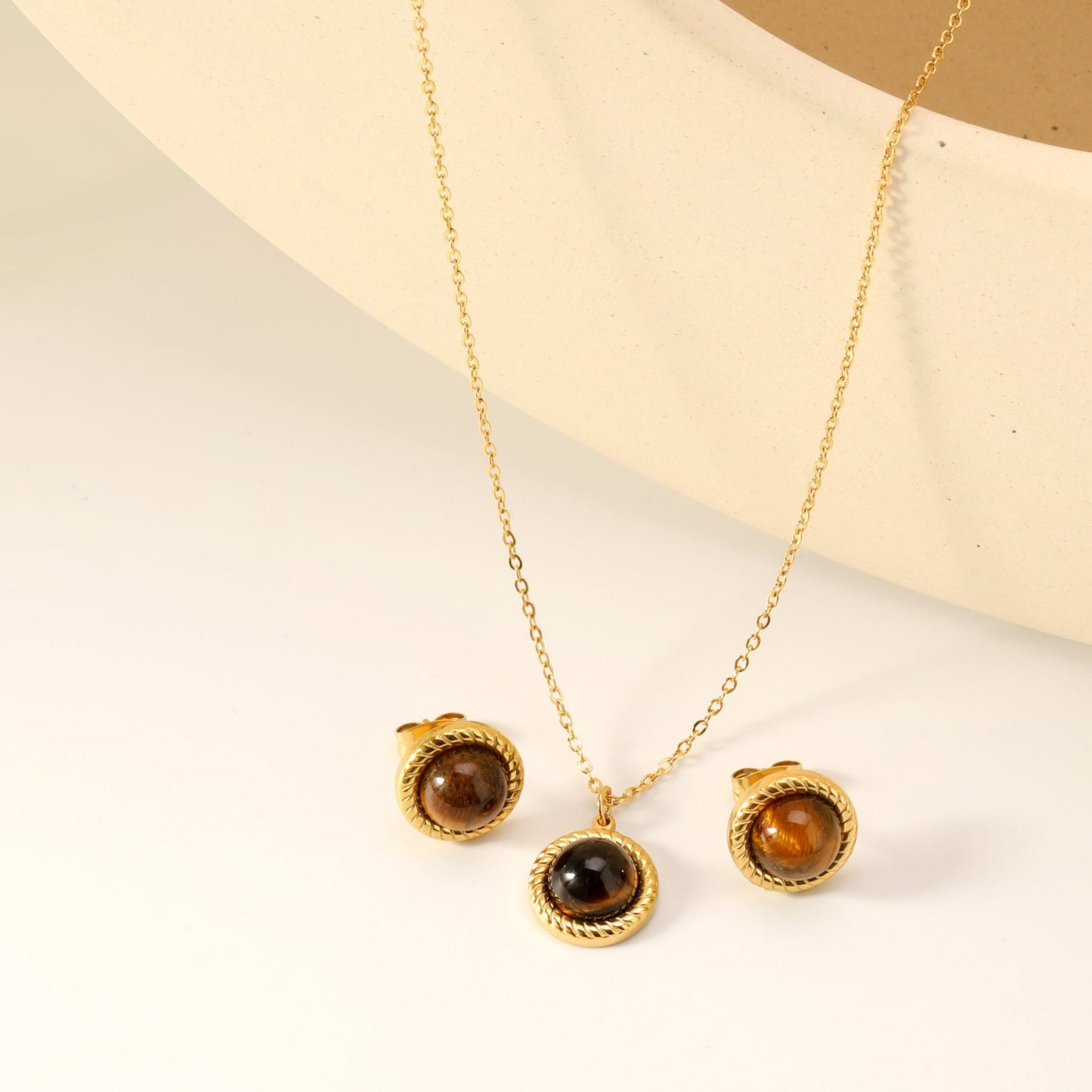 Tiger's Eye Set Gold-colored earrings:11.6mm Pendant:11.6mm 0.3 cross chain*40+5cm+6mm round plaque asonjewelry