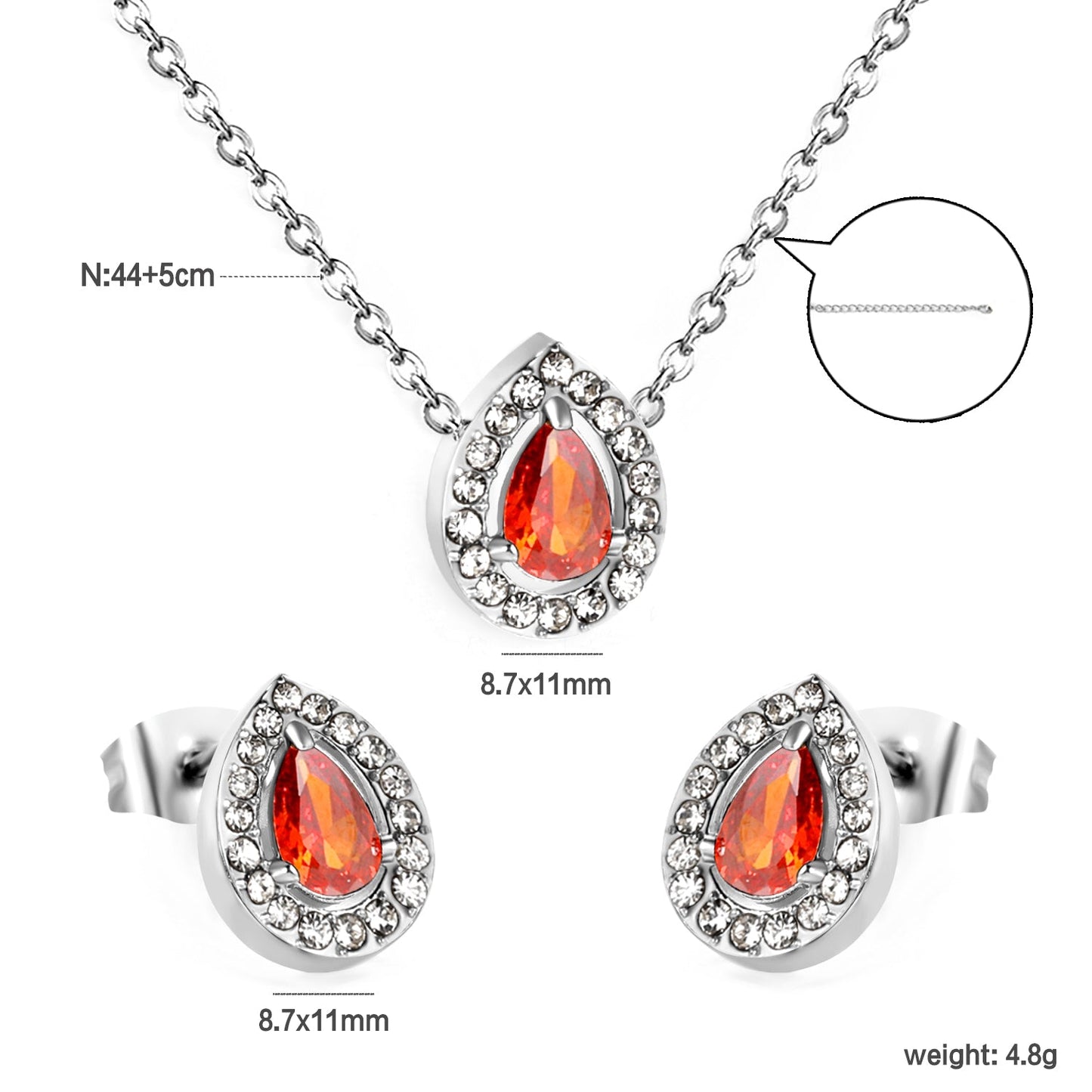 8.7*11mm teardrop shaped garnet red zirconium with white zirconium hoops earrings + necklace cross chain 0.3*44+5cm+6mm round end plate Set steel color / gold color asonjewelry