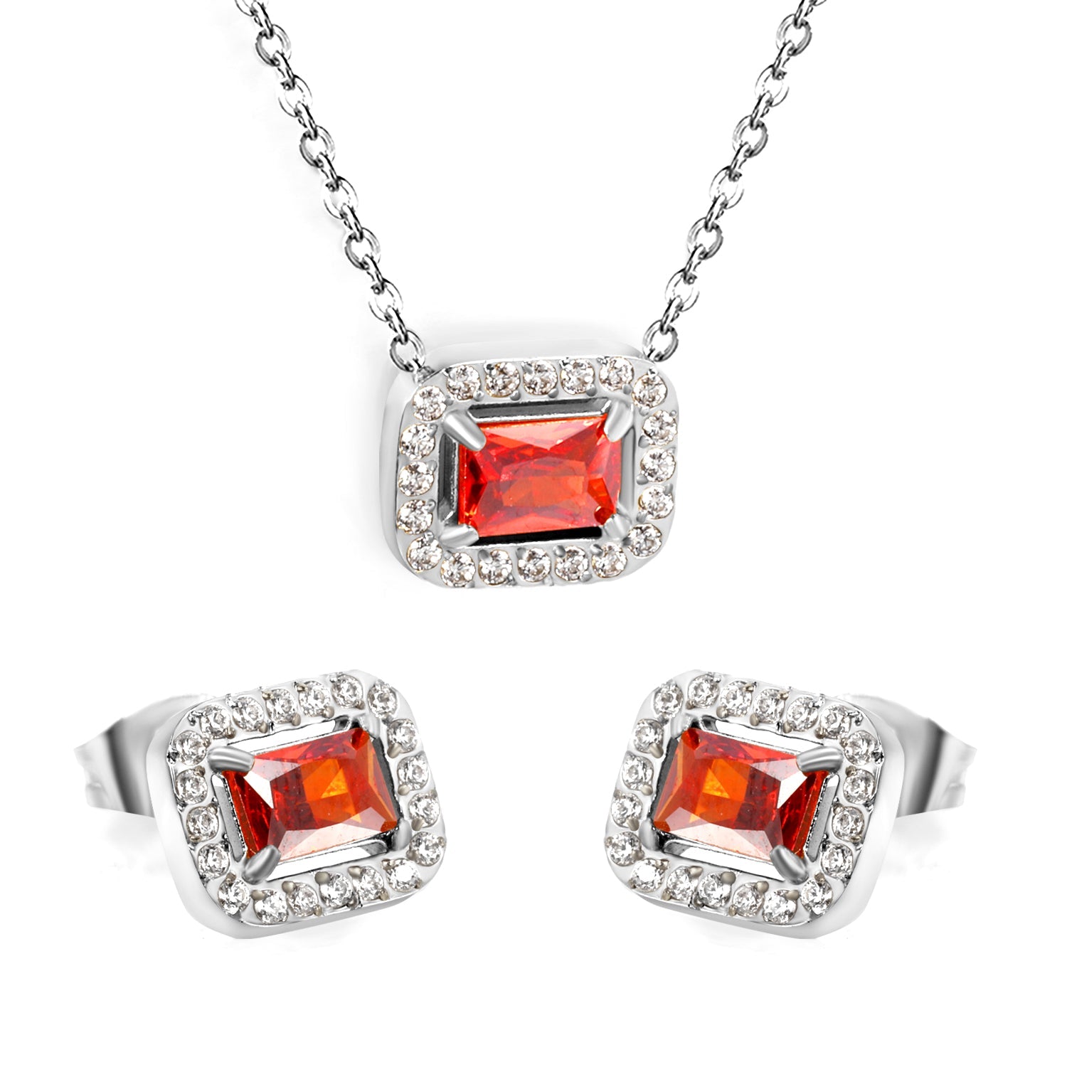 11*8.8mm rectangle garnet red zirconium with white zirconium circle earrings + necklace cross chain 0.3*44+5cm+6mm round end plate Set steel color/golden asonjewelry
