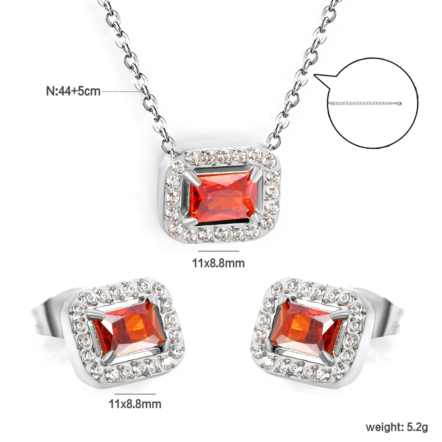 11*8.8mm rectangle garnet red zirconium with white zirconium circle earrings + necklace cross chain 0.3*44+5cm+6mm round end plate Set steel color/golden asonjewelry