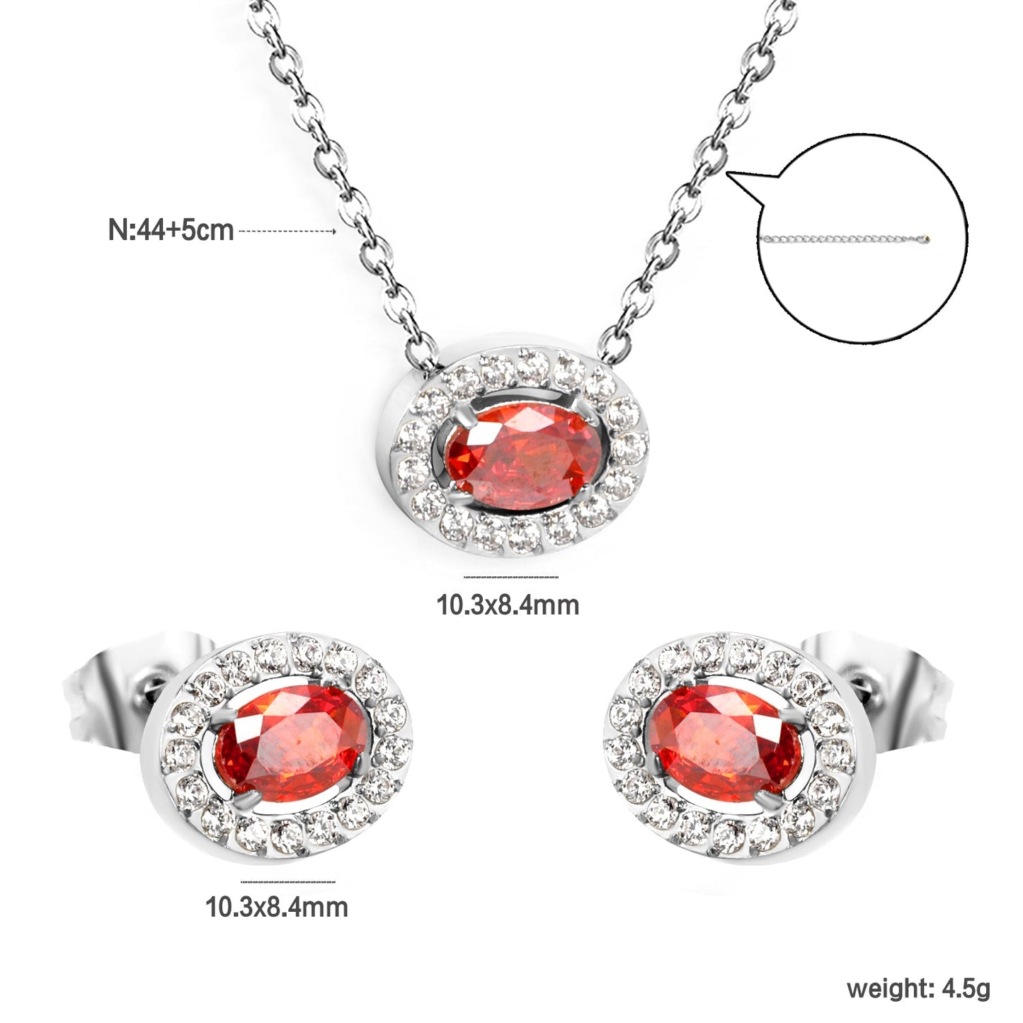 10.3*8.4mm oval garnet red zirconium with white zirconium hoop earrings + necklace cross chain 0.3*44+5cm+6mm round end plate Set steel color/golden color asonjewelry