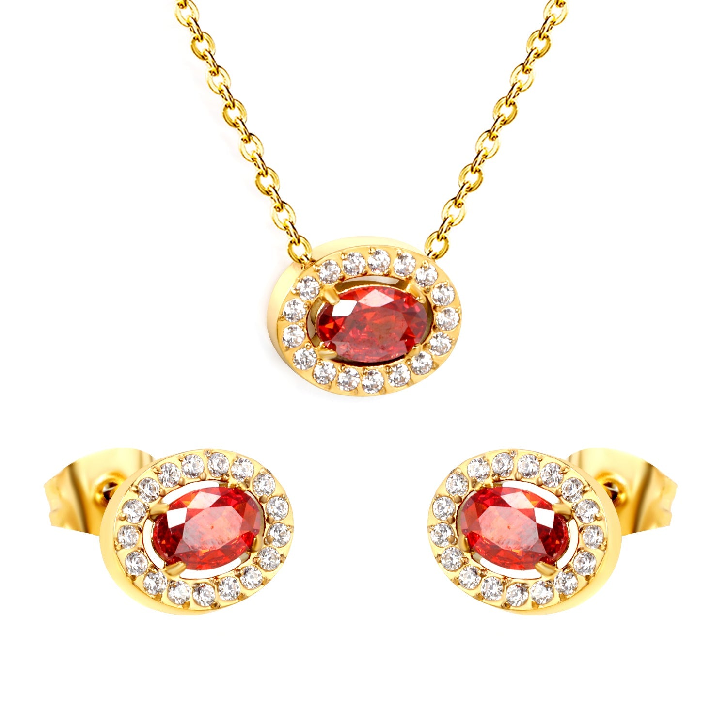 10.3*8.4mm oval garnet red zirconium with white zirconium hoop earrings + necklace cross chain 0.3*44+5cm+6mm round end plate Set steel color/golden color asonjewelry
