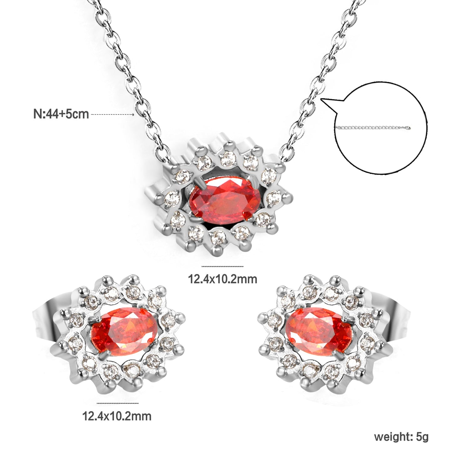 12.4*10.2 Lace Oval Garnet Red Zirconium with White Zirconium Hoops Earrings + Necklace Cross Chain 0.3*44+5cm+6mm Round Tail Plate Set Steel/Golden asonjewelry