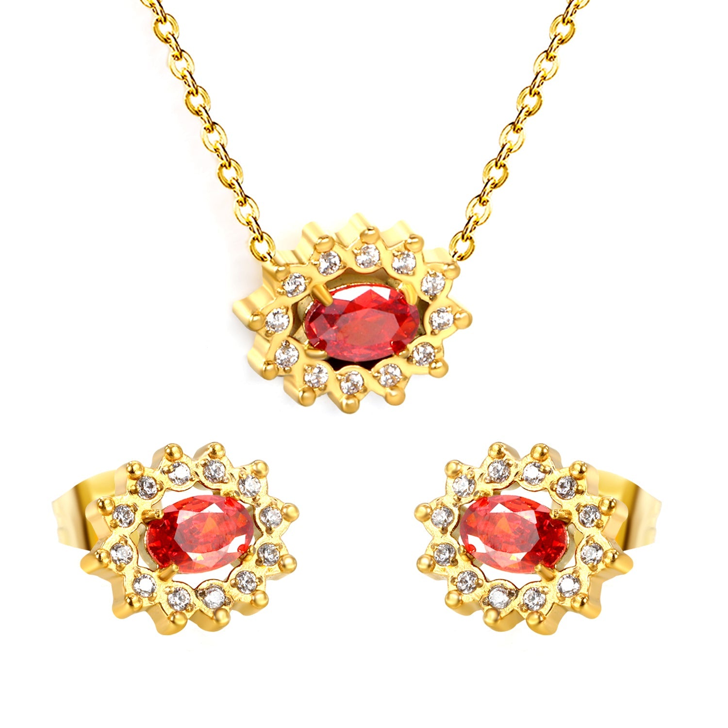 12.4*10.2 Lace Oval Garnet Red Zirconium with White Zirconium Hoops Earrings + Necklace Cross Chain 0.3*44+5cm+6mm Round Tail Plate Set Steel/Golden asonjewelry