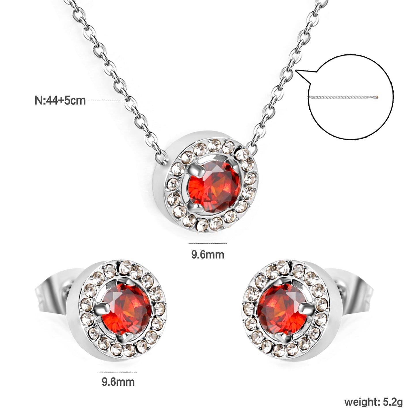 9.6mm Round Garnet Red Zirconia with White Zirconia Hoop Earrings + Necklace Cross Chain 0.3*44+5cm+6mm Round Tail Plaque Set Steel Color / Gold asonjewelry
