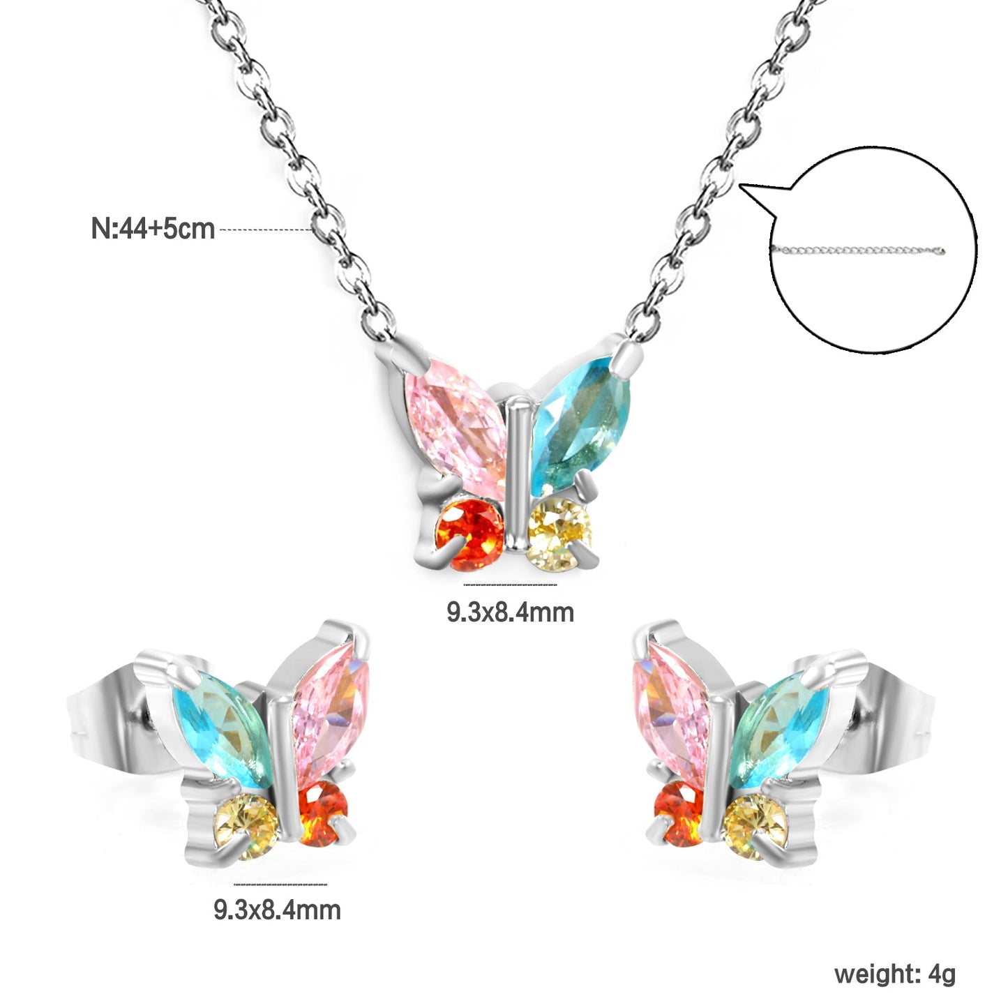 9.3*8.4mm Butterfly with white zirconium/color zirconium earrings + necklace 0.3*44+5cm+6mm round tail plate set steel/golden asonjewelry