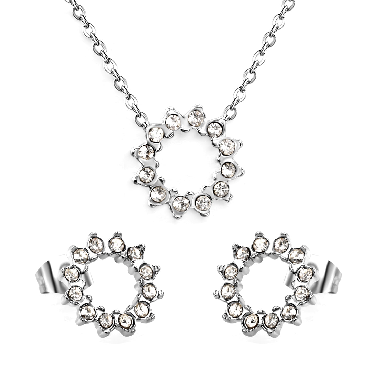 11.6mm Lace Circle with White Zirconium Stud Earrings + Necklace Cross Chain 0.3*44+5cm+6mm Round End Plate Set Steel/Golden asonjewelry