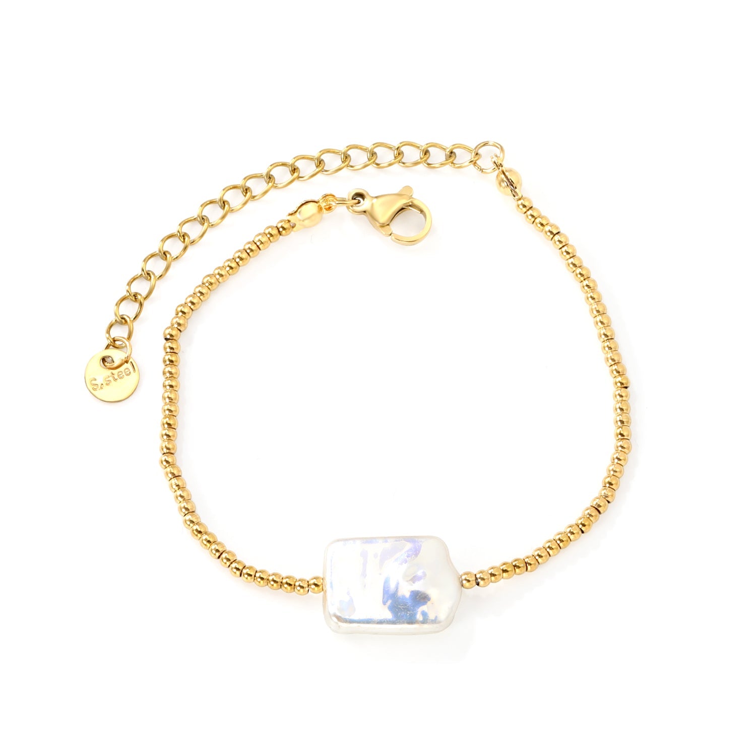 14.8 x 11.1 mm rectangular imitation white pearl, 2 mm steel ball chain 15 x 5 x 6 mm, bracelet, gold. asonjewelry