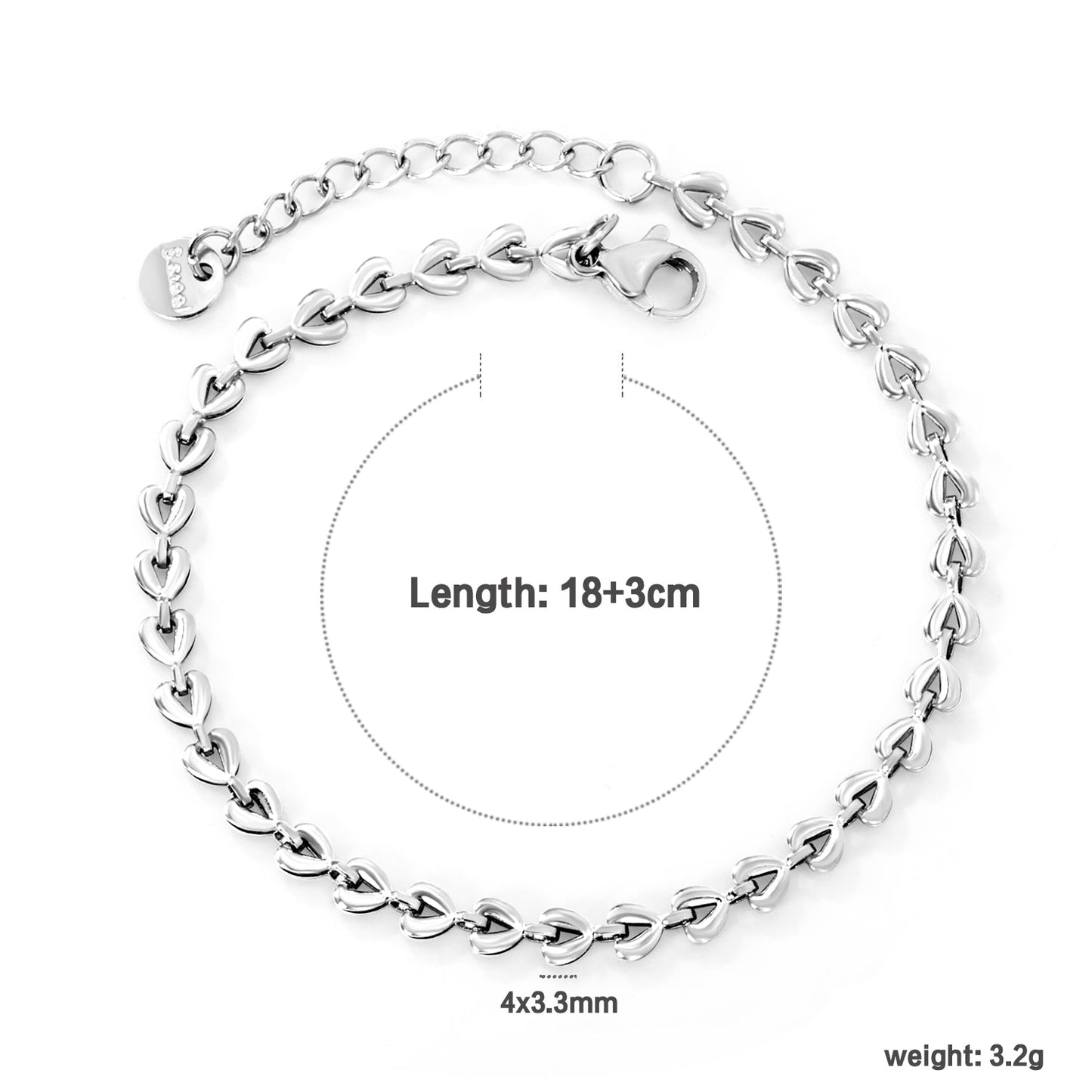 4*3.3mm Small Heart Chain 18+3cm+6mm Round Tail Plaque Bracelet Steel/Golden asonjewelry