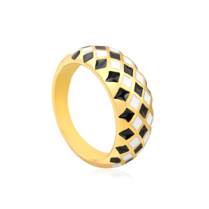 Gold Checkerboard Ring with Black & White Geometric Inlays