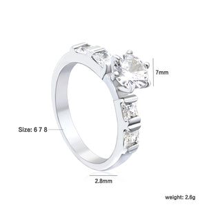 Stainless Steel Ring with Round Diamond & Trapezoid Side Accents