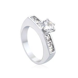 Stainless Steel Ring with Round Diamond & Square Side Stones