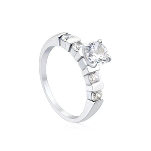 Stainless Steel Ring with Round Diamond & Teardrop Side Stones