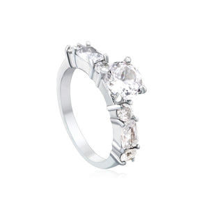 Stainless Steel Ring with Round Diamond & Emerald - Cut Side Accents