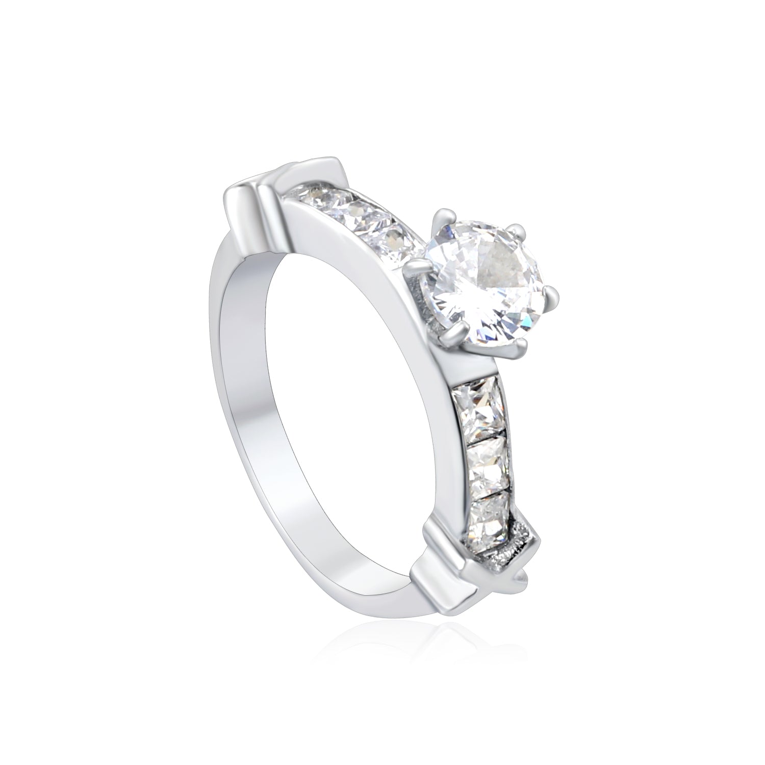 Stainless Steel Ring with Round Center Diamond & Rectangular Side Diamonds asonjewelry