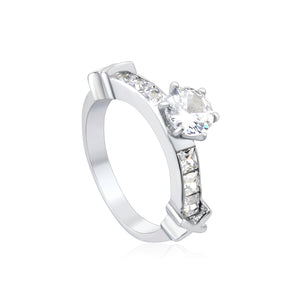 Stainless Steel Ring with Round Center Diamond & Rectangular Side Diamonds