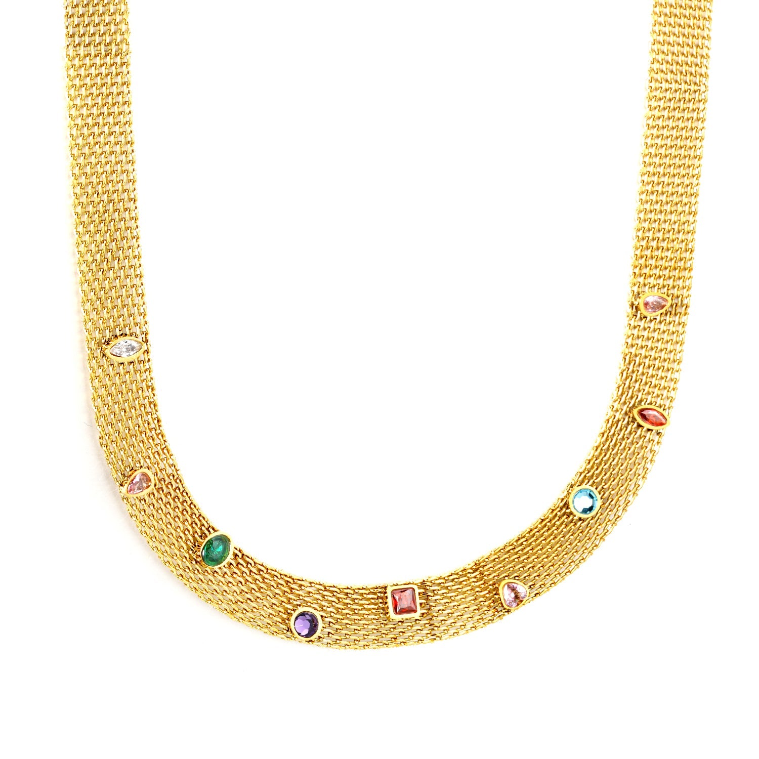 Mesh Chain with Nine Mixed-Color Diamonds (Approx. 4 x 4.1mm) Width 8.1mm x Thickness 1mm + Mesh Chain 40 + 5cm + 6mm Round Pendant Necklace Gold Color asonjewelry