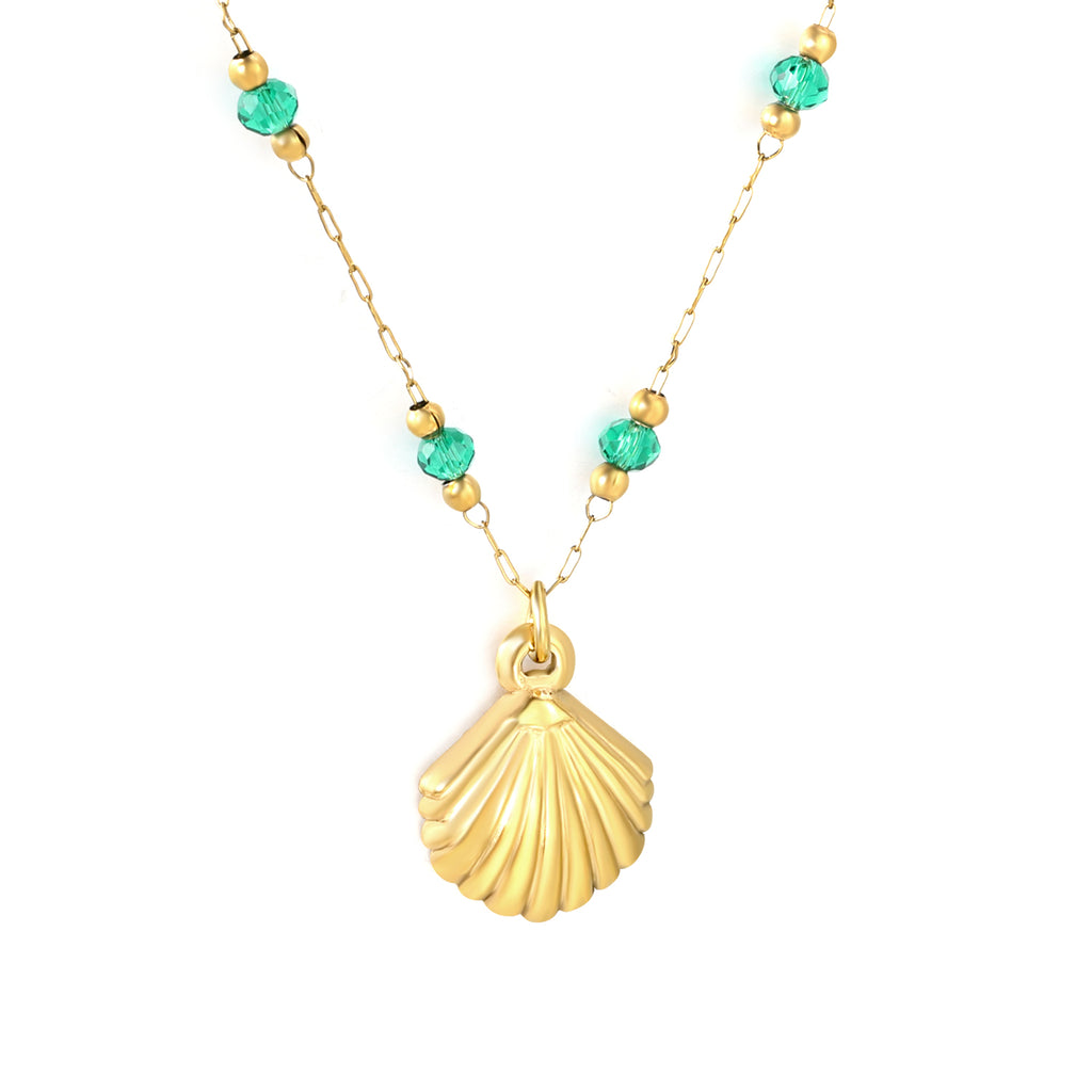 12.7*16.1mm Shell Pendant Green Beads 3.2mm+Golden Beads 2mm+0.3 Elongated Chain 40+5cm+6mm Round Plaque Necklace Gold Color