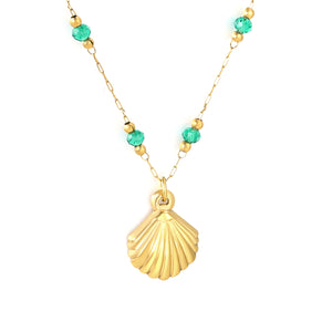 12.7*16.1mm Shell Pendant Green Beads 3.2mm+Golden Beads 2mm+0.3 Elongated Chain 40+5cm+6mm Round Plaque Necklace Gold Color