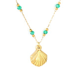 12.7*16.1mm Shell Pendant Green Beads 3.2mm+Golden Beads 2mm+0.3 Elongated Chain 40+5cm+6mm Round Plaque Necklace Gold Color