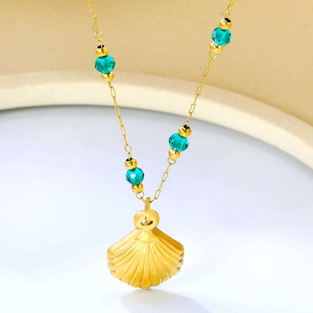 12.7*16.1mm Shell Pendant Green Beads 3.2mm+Golden Beads 2mm+0.3 Elongated Chain 40+5cm+6mm Round Plaque Necklace Gold Color