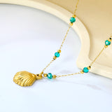 12.7*16.1mm Shell Pendant Green Beads 3.2mm+Golden Beads 2mm+0.3 Elongated Chain 40+5cm+6mm Round Plaque Necklace Gold Color