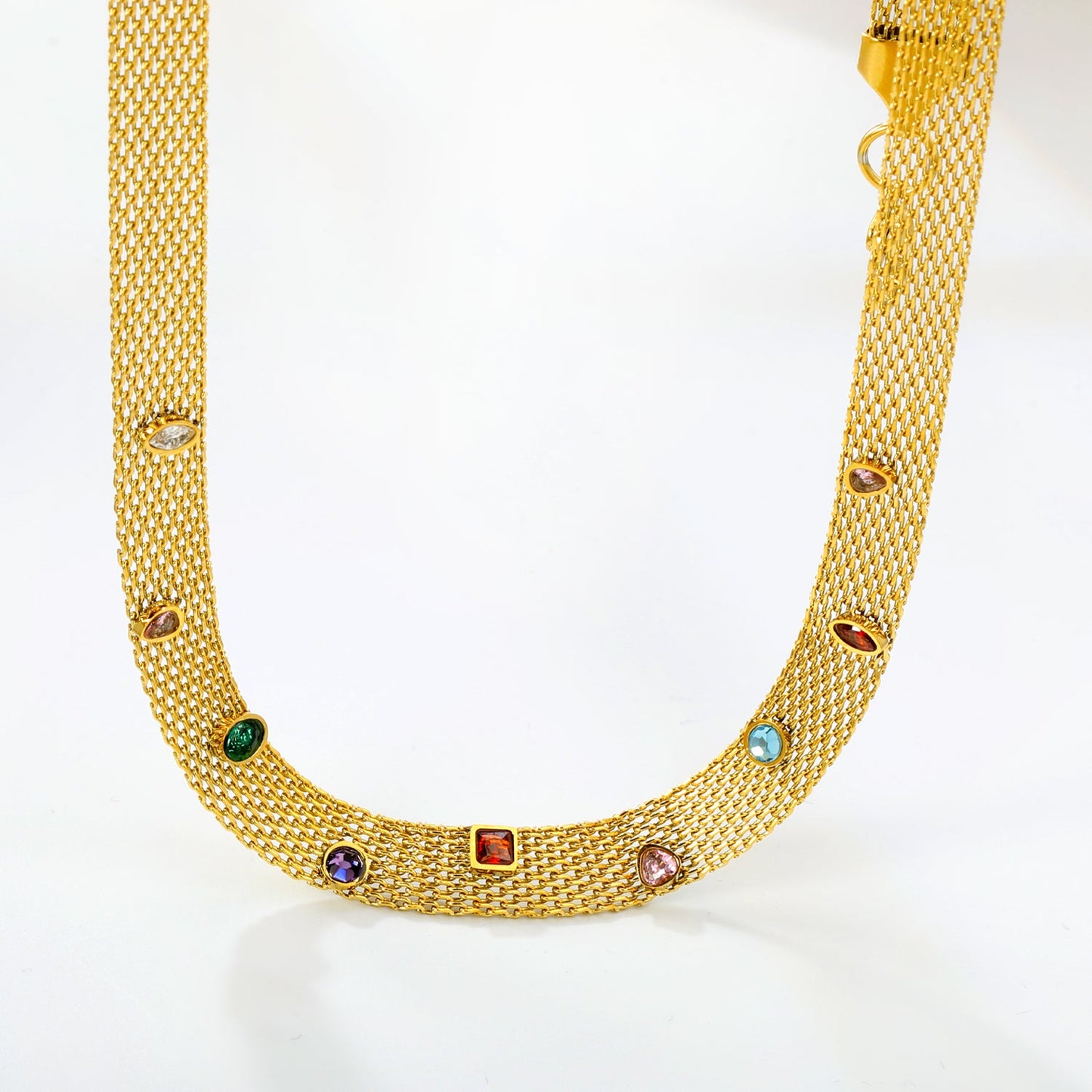 Mesh Chain with Nine Mixed-Color Diamonds (Approx. 4 x 4.1mm) Width 8.1mm x Thickness 1mm + Mesh Chain 40 + 5cm + 6mm Round Pendant Necklace Gold Color asonjewelry