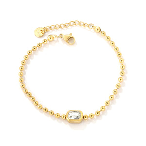 9*7mm rectangular white/pink/champagne zirconia 3mm bead chain 18+3cm+6mm round pendant bracelet gold