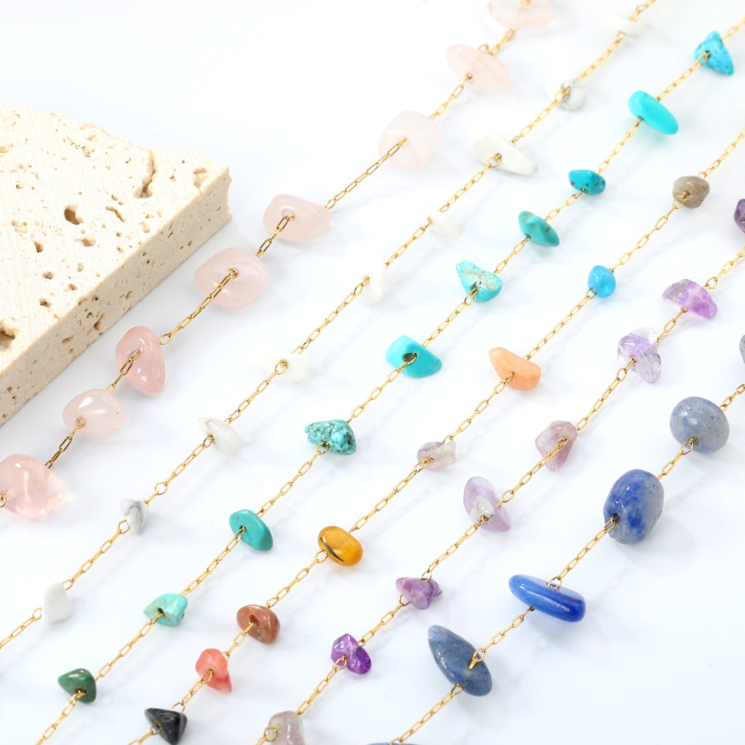 White Turquoise/ Amethyst/ Pink/ Sky Blue/ Turquoise/ Mixed Color Stone Accessories 0.3 Cross Chain*17+3cm+6mm Round Plaque Bracelet Golden asonjewelry