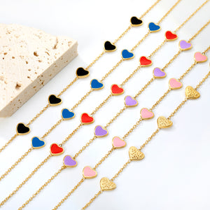 6.3*5.5mm heart-shaped black/purple/red/pink/dark blue oil-dripping accessories 0.3 cross chain *18+3cm+6mm round sign bracelet gold color