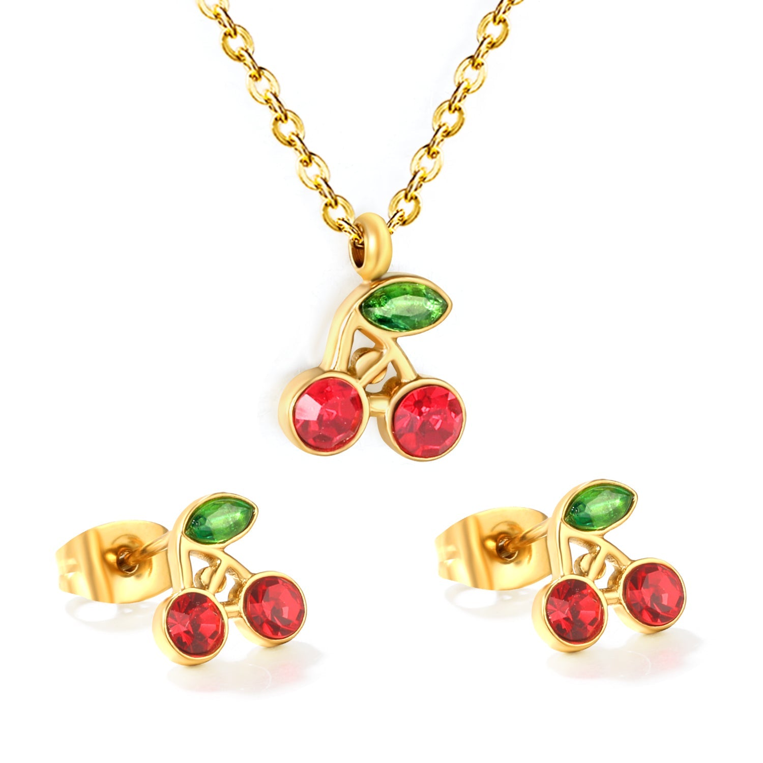 Cherry Set Gold Earrings: 8.5 x 8.5 mm Pendant: 8.5 x 8.5 mm 0.3 Cross Chain 40+5 cm + 6 mm Round Pendant asonjewelry