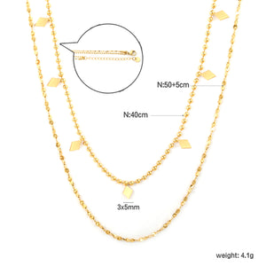 3x5mm 7 smooth diamond-shaped accessories double chain 1.5 pearl chain 40cm + 0.3 starry sky 50x5cm + 6mm round tail tag necklace, gold