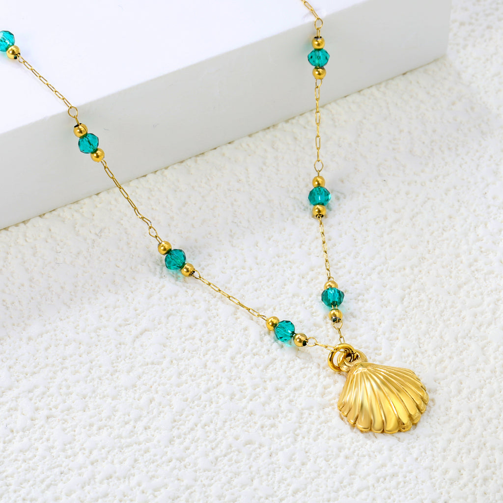 12.7*16.1mm Shell Pendant Green Beads 3.2mm+Golden Beads 2mm+0.3 Elongated Chain 40+5cm+6mm Round Plaque Necklace Gold Color
