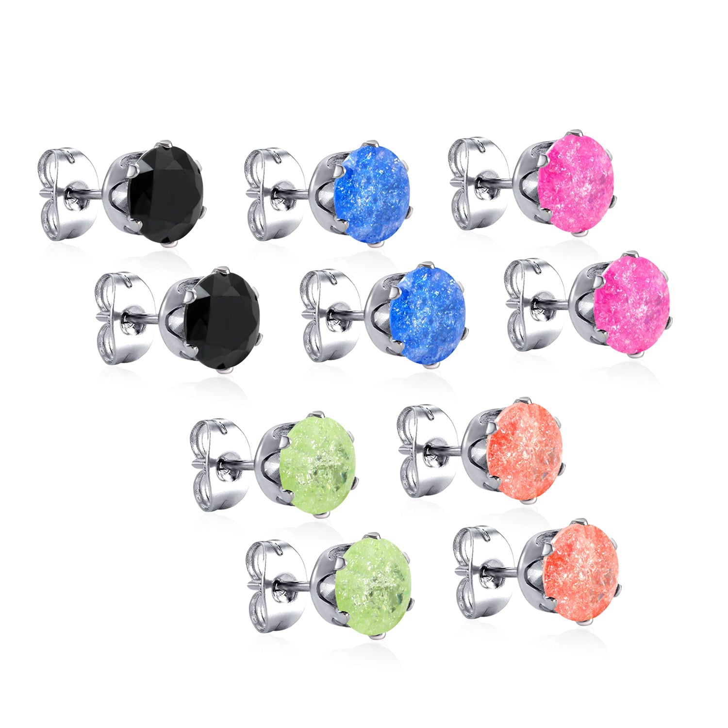 Qty 10pcs 6mm Six Catch Round Mixed Color Diamonds Steel Stud Earrings asonjewelry
