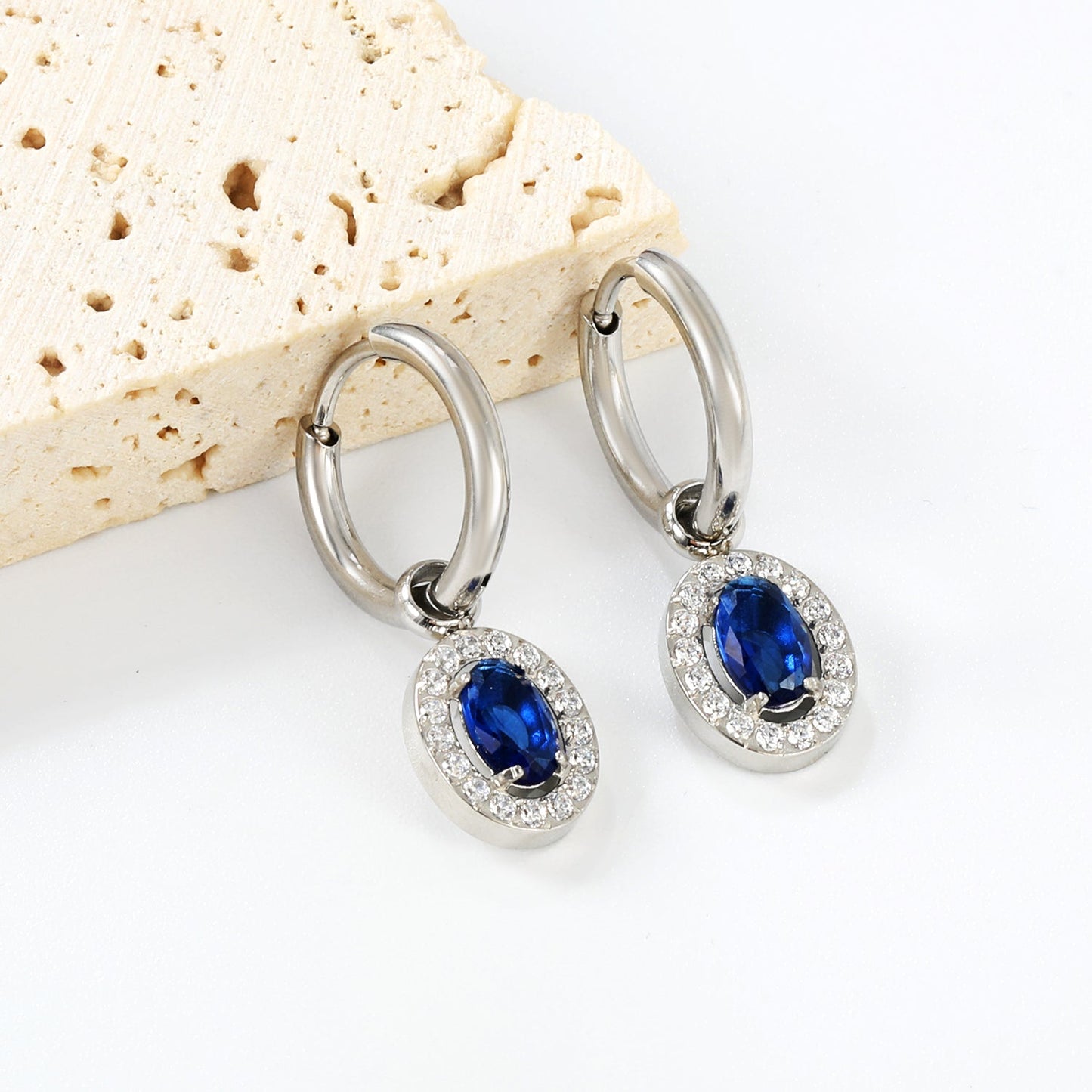 Wire 2*14mm O.D. earrings + 8.4*10.2mm oval blue glass + CNC drilling white zirconium hoop fittings earrings steel color asonjewelry