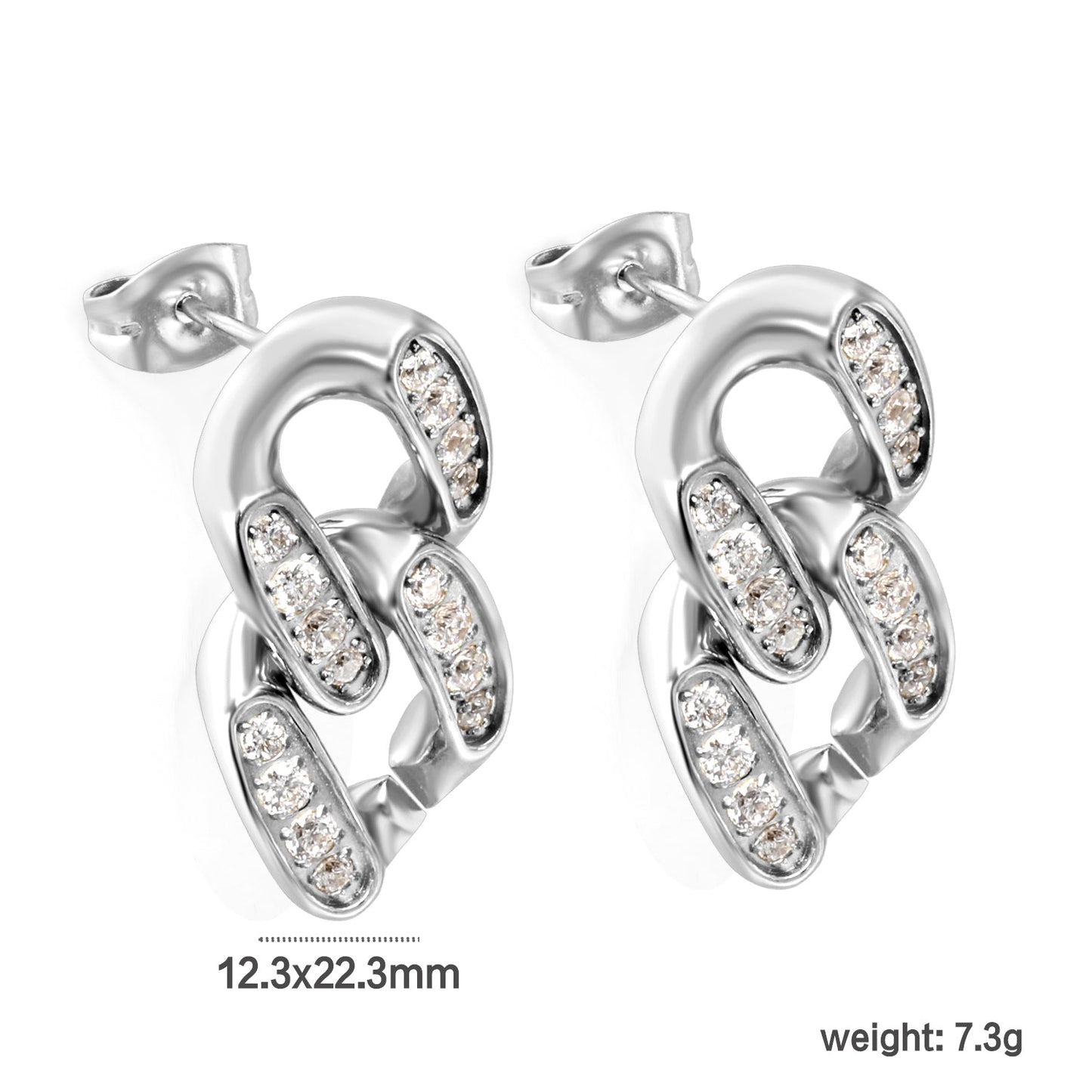 12.3*22.3mm double buckle earrings with CNC white zirconia earrings in steel color/golden asonjewelry