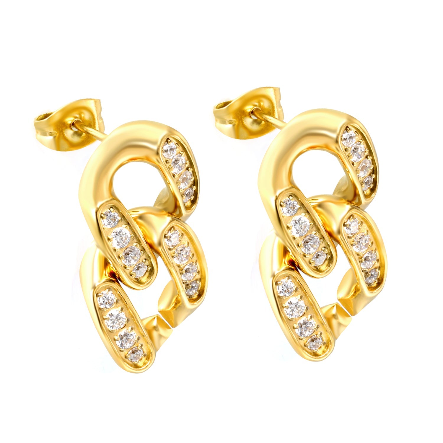12.3*22.3mm double buckle earrings with CNC white zirconia earrings in steel color/golden asonjewelry