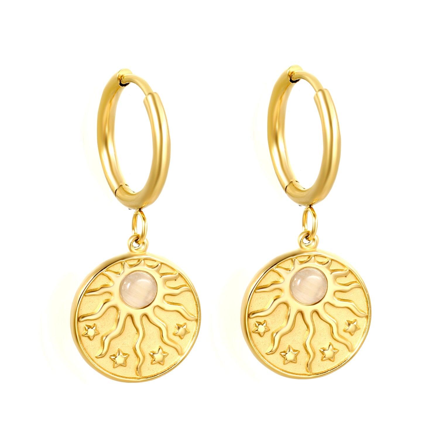 2*12mm I.D. earrings + 15mm round sunburst with white pearl/white cat's eye/turquoise earrings gold color asonjewelry