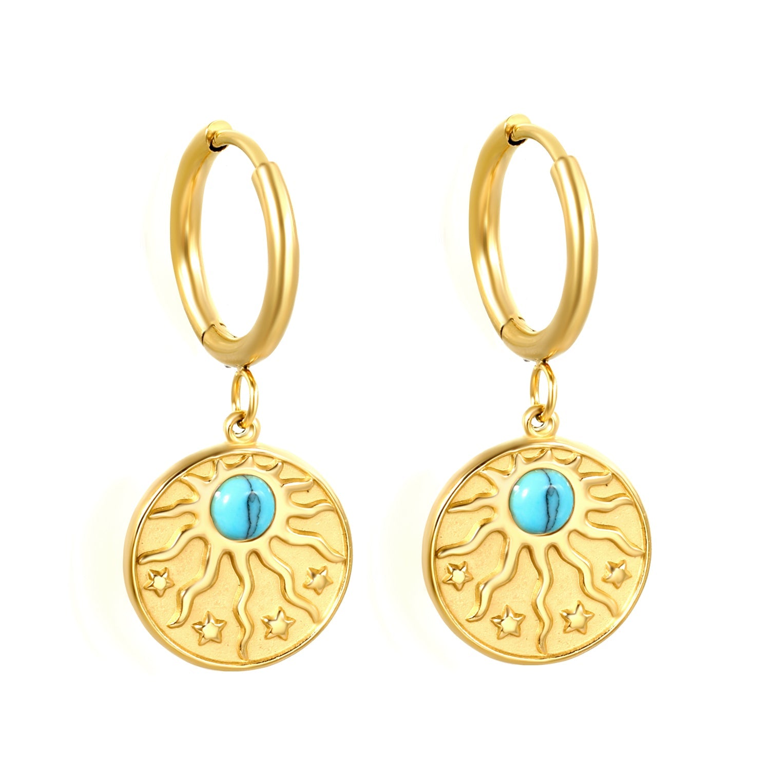 2*12mm I.D. earrings + 15mm round sunburst with white pearl/white cat's eye/turquoise earrings gold color asonjewelry