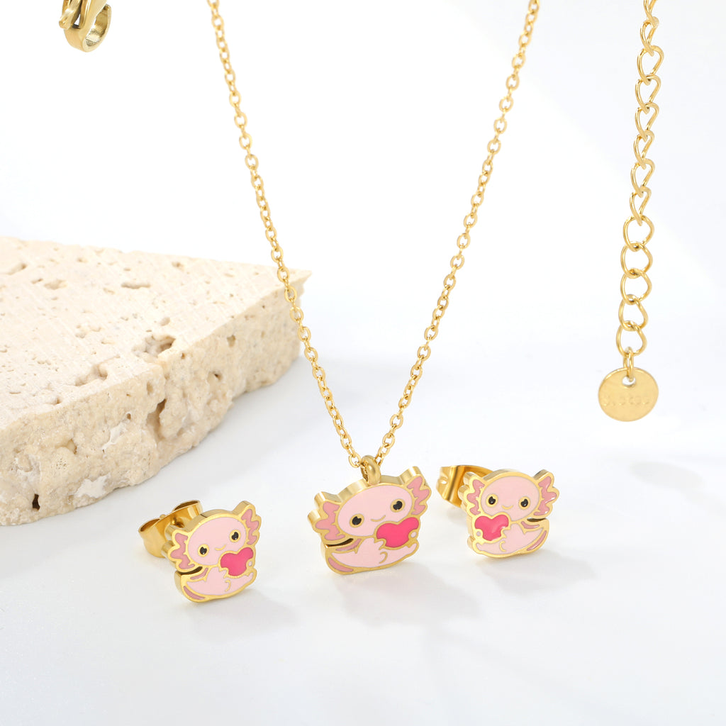 Little Monster Set Steel Color Earrings:10*8.5mm Pendant:12*10mm0.3 Cross Chain*40+5cm+6mm Round Plaque