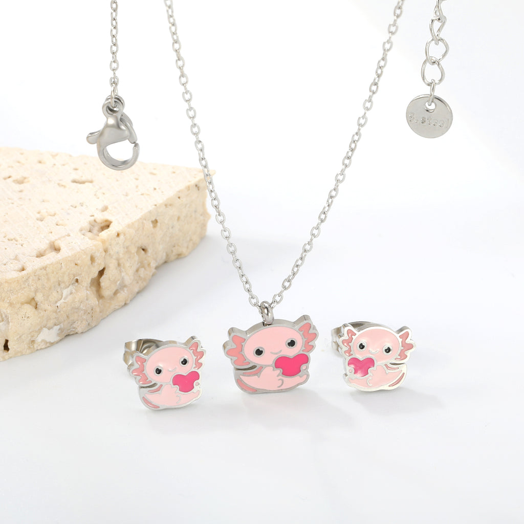 Little Monster Set Steel Color Earrings:10*8.5mm Pendant:12*10mm0.3 Cross Chain*40+5cm+6mm Round Plaque