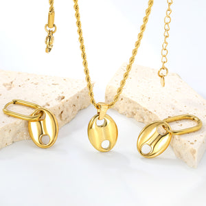 Pig nose set Golden oval wire ear clips: wire 2 * 12 * 17mm Earrings: 13 * 17mm Pendant: 13 * 17mm 2.0 twist chain * 40 + 5cm + 6mm round plate