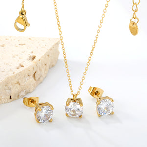 Round white zirconium set Gold-colored earrings:7mm Pendant:7mm 0.3 cross chain*40+5cm+6mm round plate