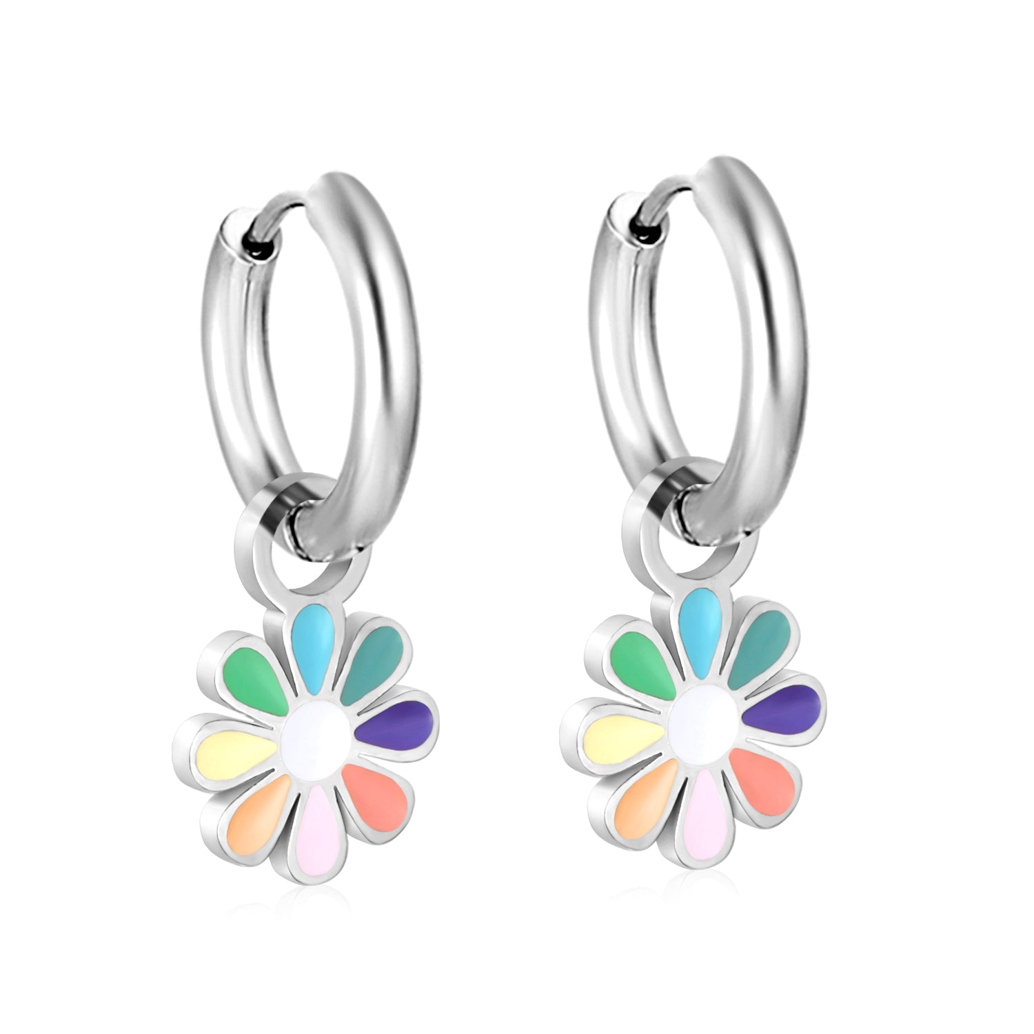 2*10mm circle + 9.4*13mm eight petal flower with colorful oil drop earrings in steel/golden color asonjewelry