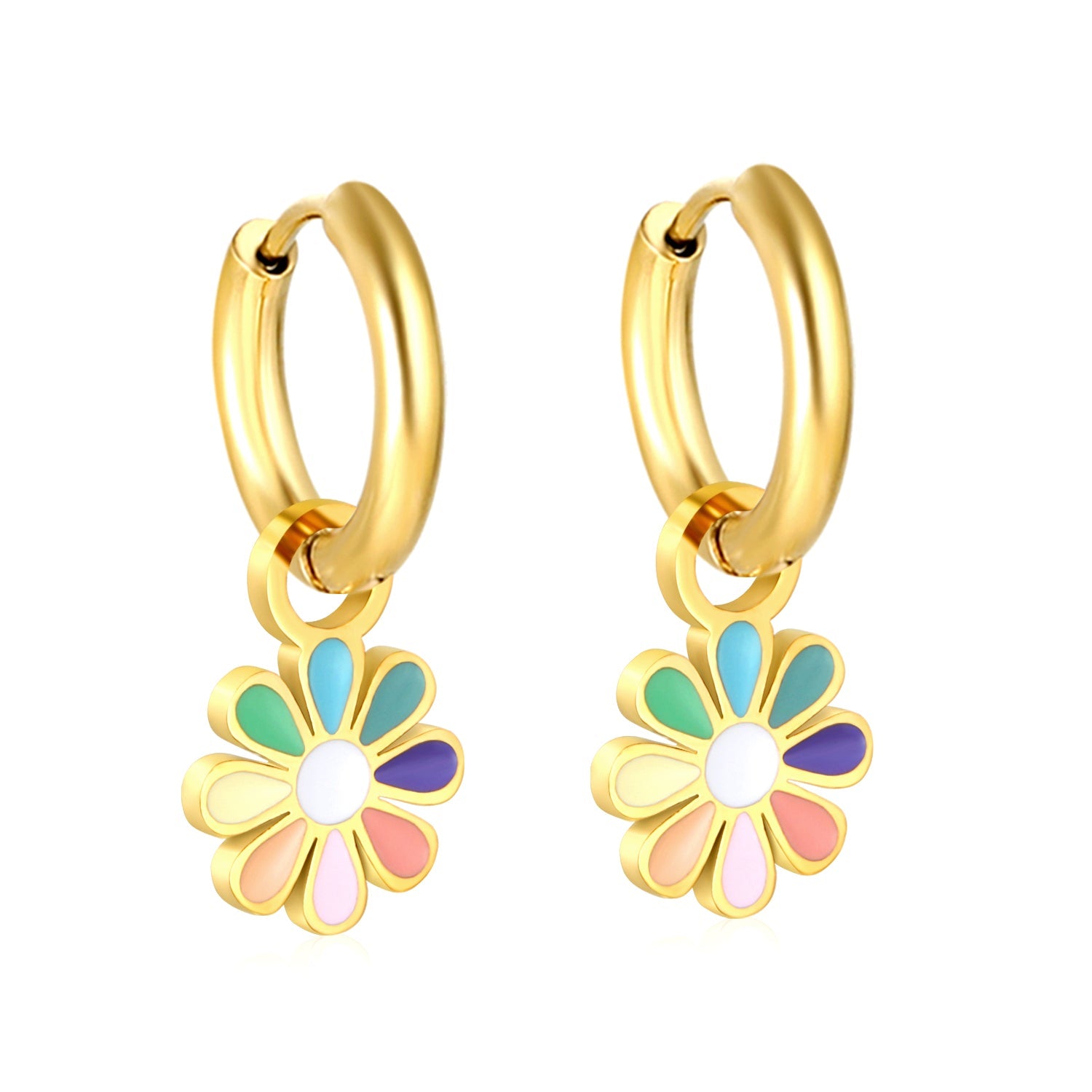 2*10mm circle + 9.4*13mm eight petal flower with colorful oil drop earrings in steel/golden color asonjewelry