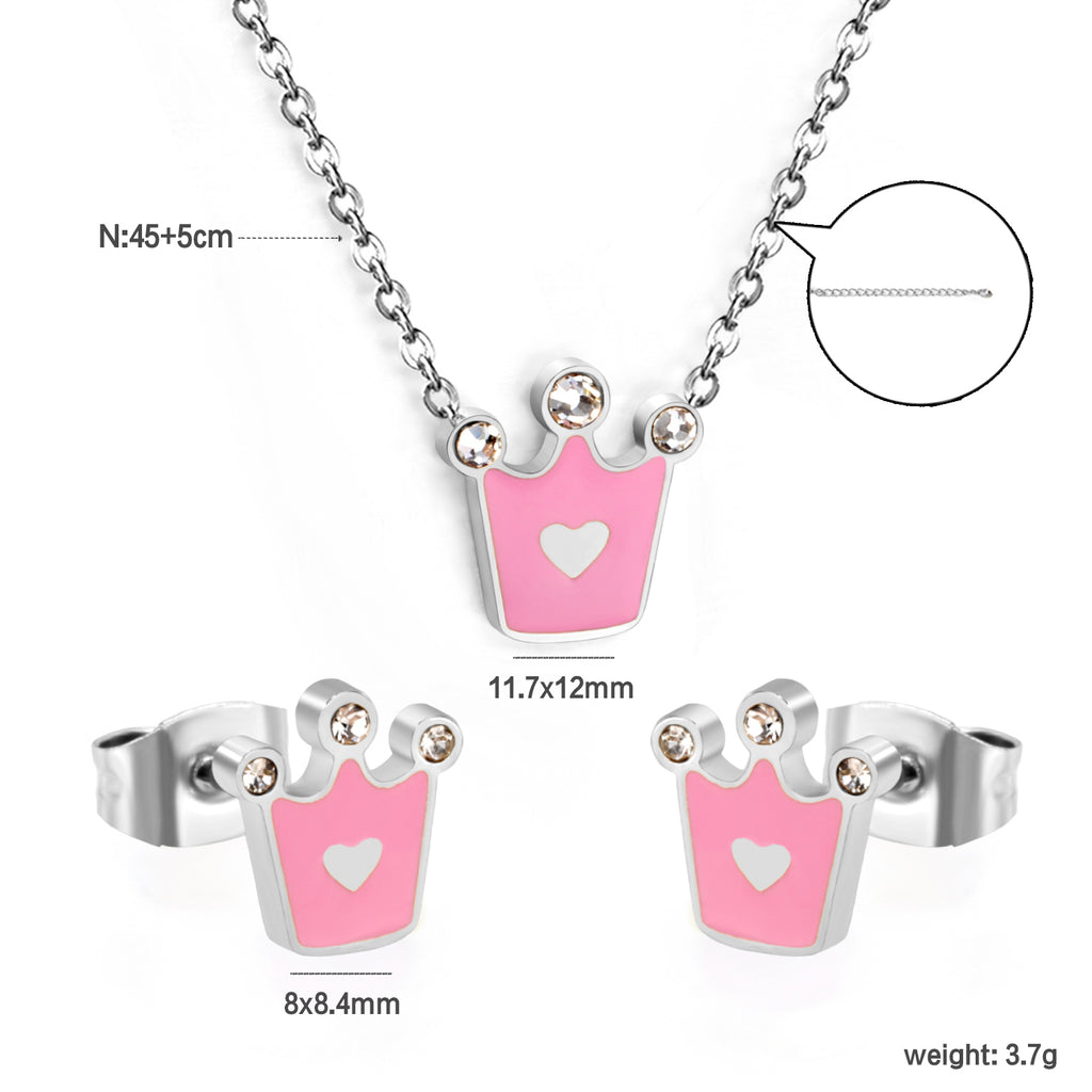 8*8.4mm Crown with Pink Oil Drip Earrings + 11.7*12mm Pendant Necklace Set Cross 0.35 45+5cm+6mm Round Tail Plaque Set Steel Color / Gold