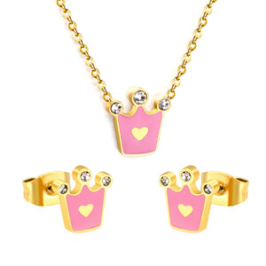 8*8.4mm Crown with Pink Oil Drip Earrings + 11.7*12mm Pendant Necklace Set Cross 0.35 45+5cm+6mm Round Tail Plaque Set Steel Color / Gold
