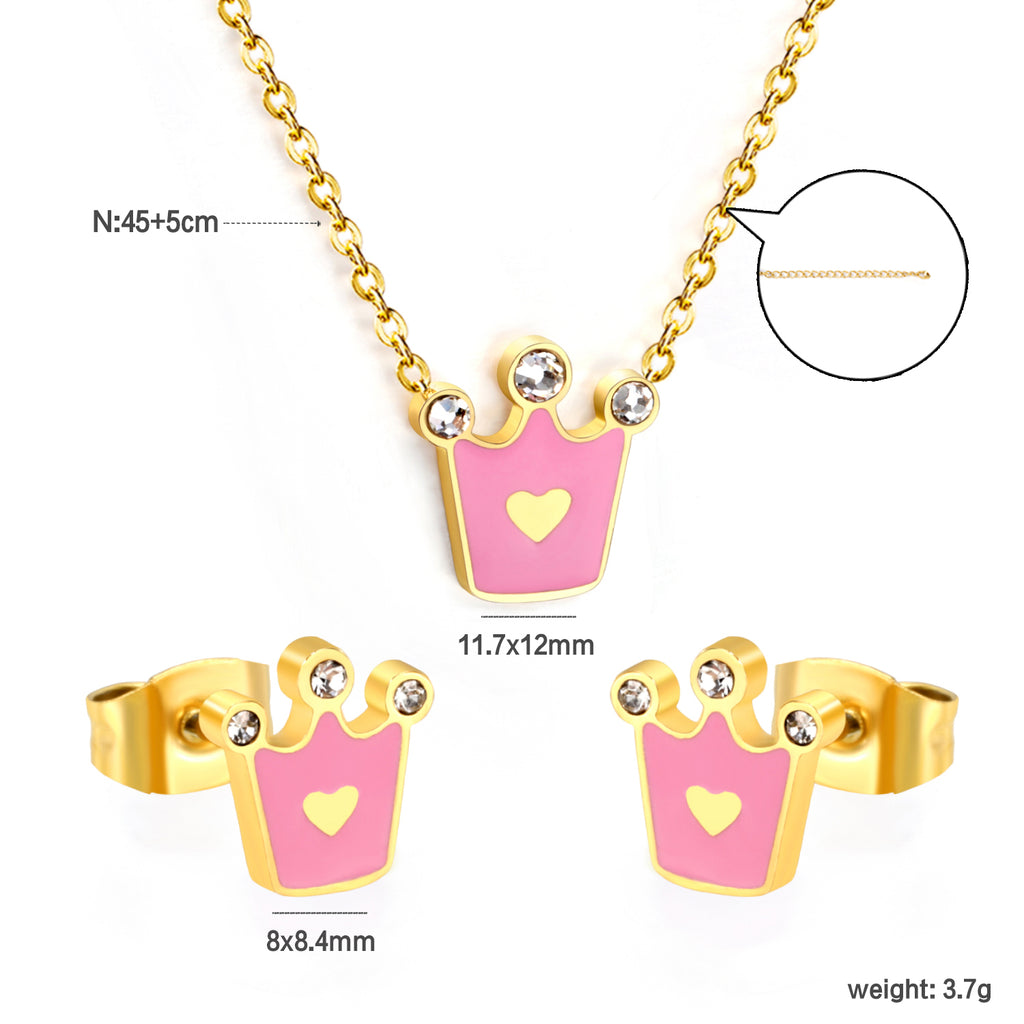 8*8.4mm Crown with Pink Oil Drip Earrings + 11.7*12mm Pendant Necklace Set Cross 0.35 45+5cm+6mm Round Tail Plaque Set Steel Color / Gold
