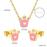 8*8.4mm Crown with Pink Oil Drip Earrings + 11.7*12mm Pendant Necklace Set Cross 0.35 45+5cm+6mm Round Tail Plaque Set Steel Color / Gold